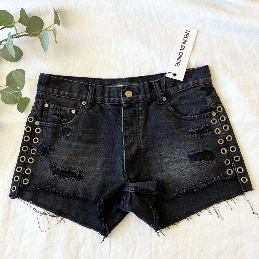 Neon Blonde Lover Eyelet Black Denim Shorts